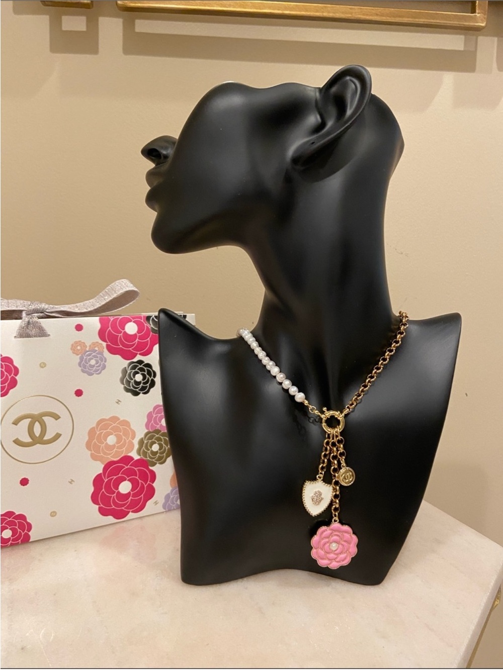CHANEL Gold Chain Pearl Necklace with Pink Camellia and White Heart Charms